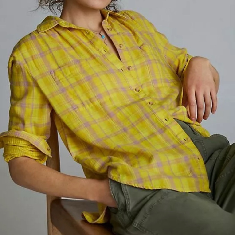 Anthropologie Seen Worn Kept Romy Yellow Plaid Buttondown Long Sleeve Tunic Top